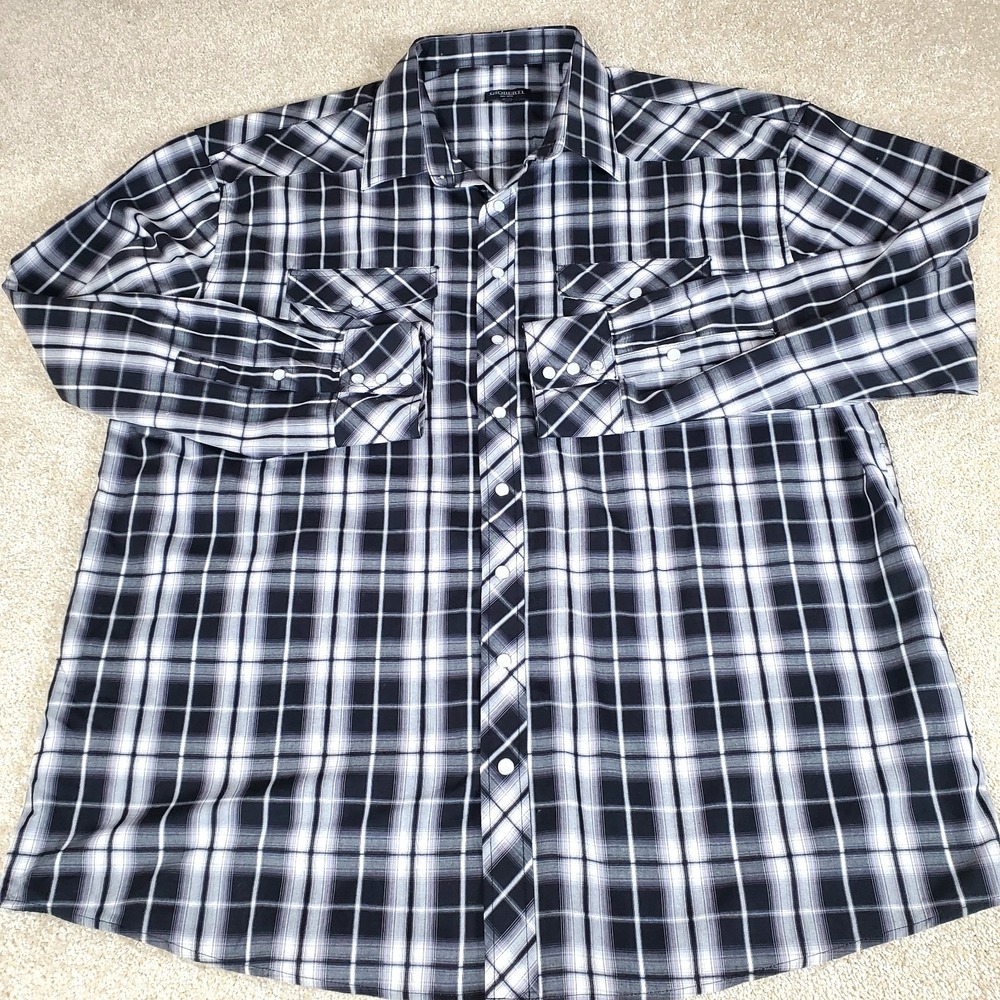 Gioberti Men's Shirt Size 2XL XXL Black White Plaid Long Sleeve  Pearl Snap